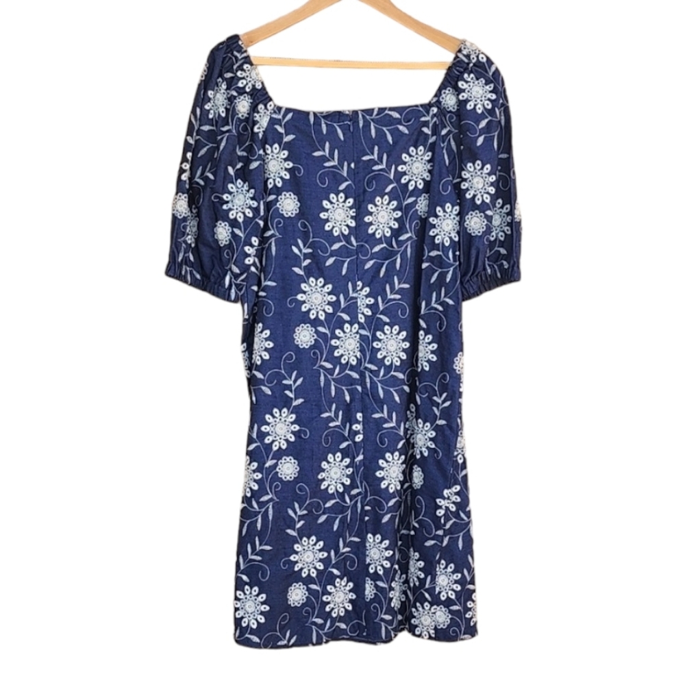 ANNE KLEIN Blue Embroidered Chambray Denim Dress 12 Floral Cotton Shift - Picture 9 of 16